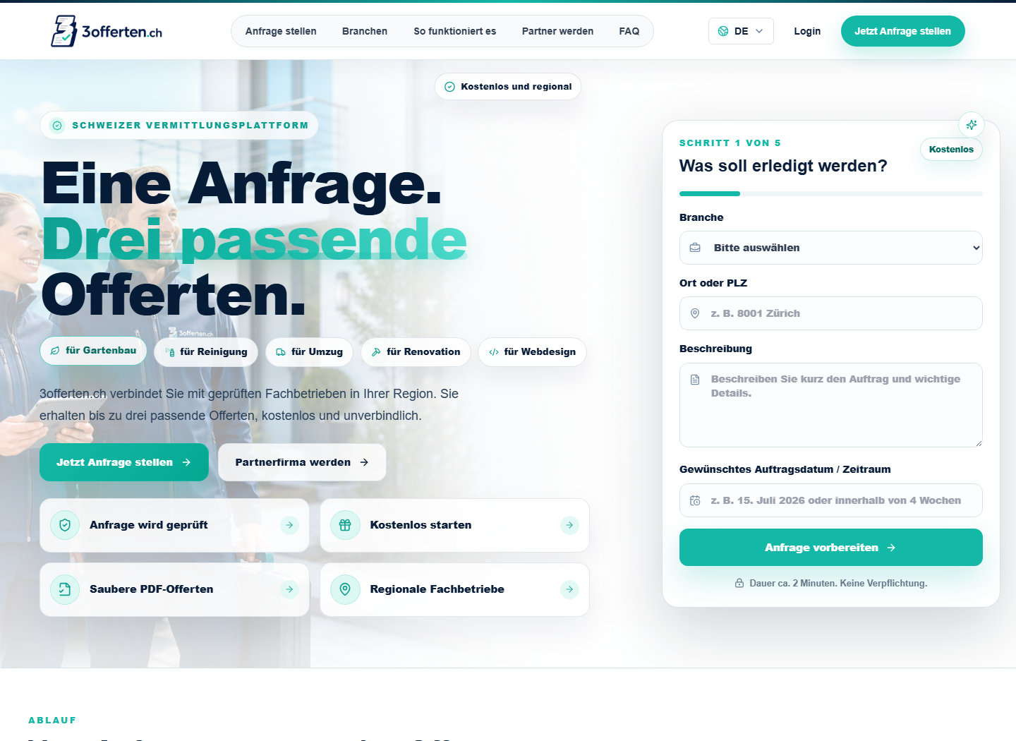 Desktop-Screenshot der 3offerten.ch Startseite.
