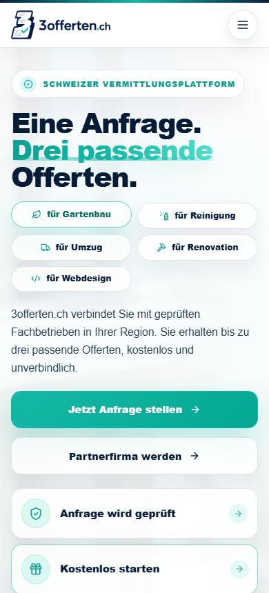 Mobile-Screenshot der 3offerten.ch Startseite.