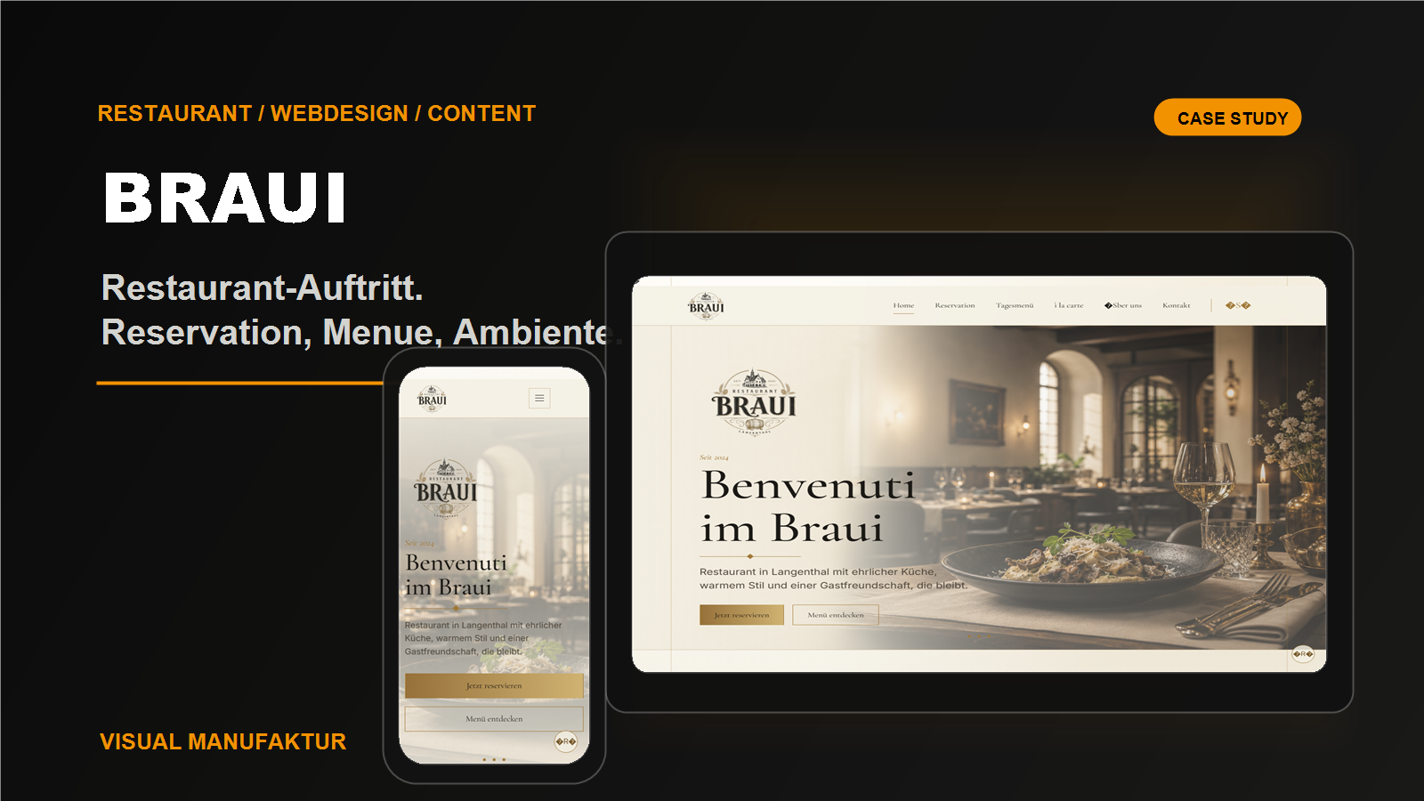 Restaurant Braui Case-Cover mit Desktop- und Mobile-Ansicht.