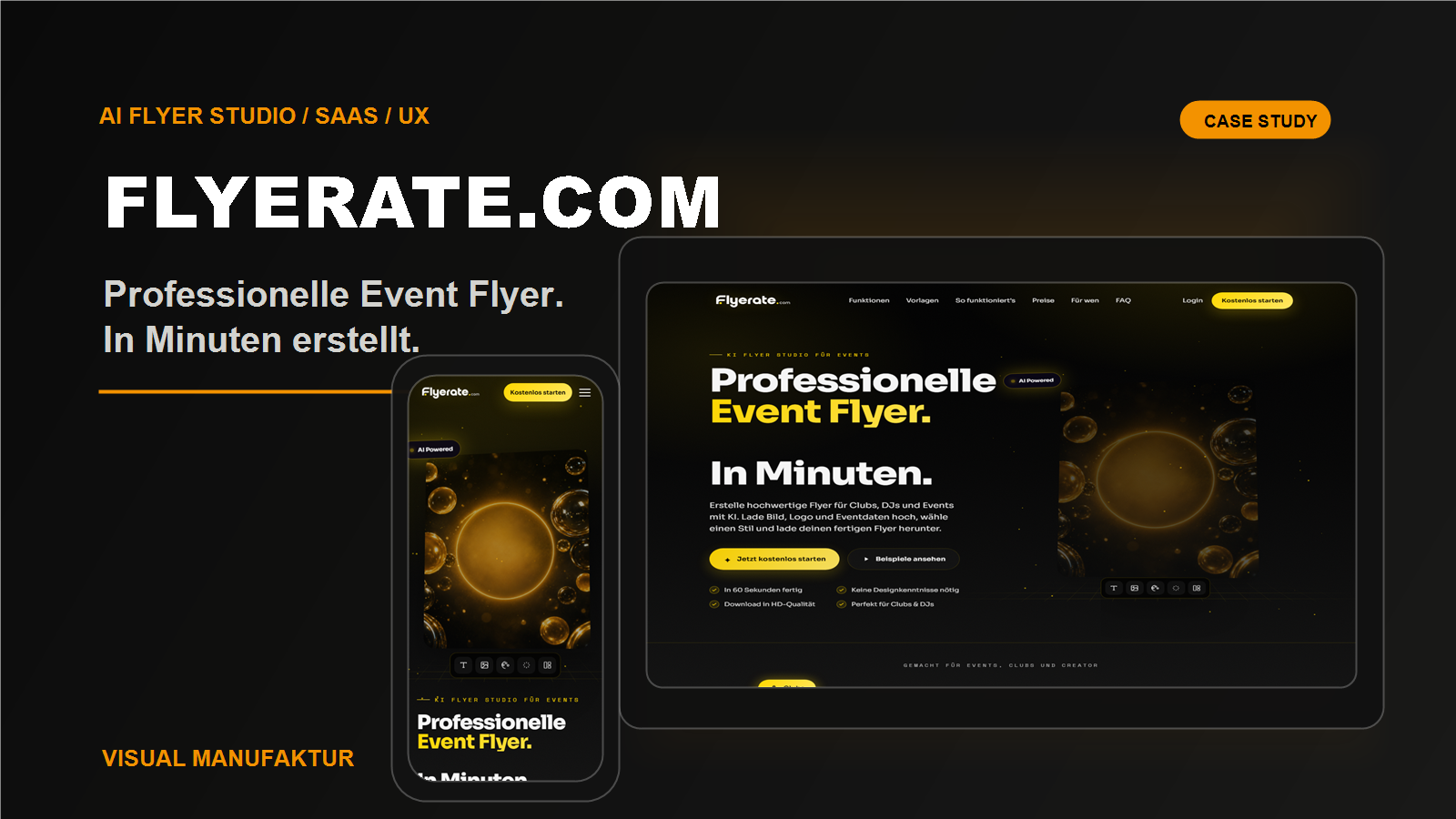 Flyerate.com Case-Cover mit Desktop- und Mobile-Ansicht.